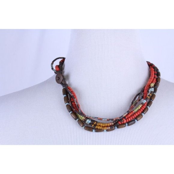 Multi 6 Strand Brown Orange Wood Bead Unisex Hipster Necklace 19" Button Close - Picture 4 of 5